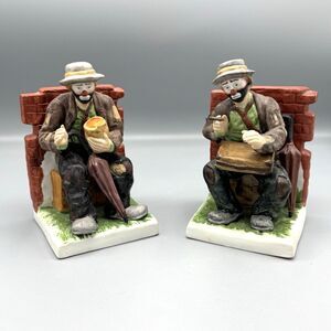 Vtg Emmett Kelly Jr Coll Flambro Bisque Porcelain Hobo Clown Bookends Brick Wall